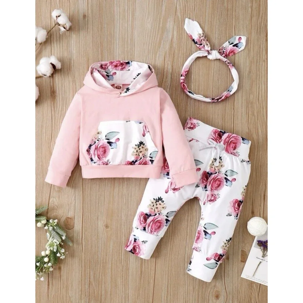 Toddler Girl Floral Print Outfit 2 Piece Set Pink Hoodie Top Matching Pants 18m